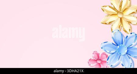 Yellow, blue, and pink crystal flowers on soft pink background, elegant and luxurious design. Stock Vector