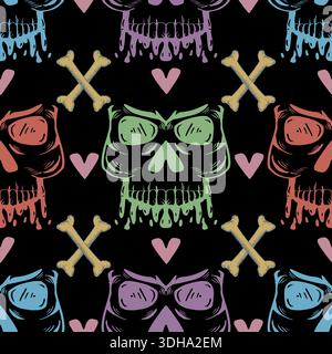Seamless pattern with skulls, bones and hearts. Halloween background. Vector illustration. Stock Vector
