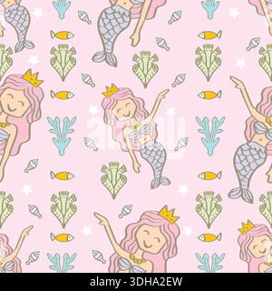 Seamless pattern with cute mermaids and seaweed. Vector illustration. Stock Vector