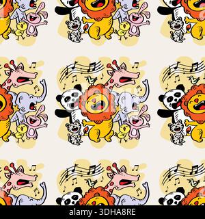 Seamless pattern with cute cartoon animals and music notes. Vector illustration. Stock Vector