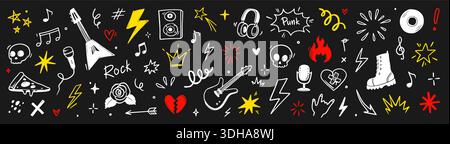 Hand drawn doodle music icons with rock elements, lightning bolts and graffiti style tattoo stickers for creative band designs on chalkboard. Marker sketch music icons. Vector illustration Stock Vector