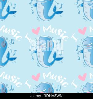 Seamless vector pattern with cute dolphins and lettering I love music. Stock Vector