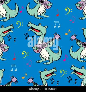 Seamless pattern with crocodiles and musical notes. Vector illustration. Stock Vector