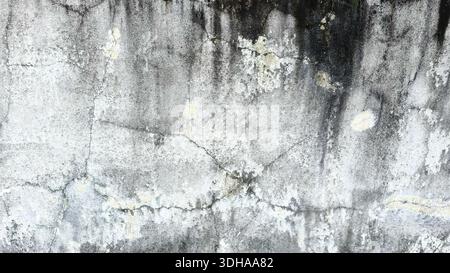 Close-up shot of an old, weathered concrete wall featuring deep cracks and dark moldy patches, creating a grungy and textured abstract background. Stock Photo