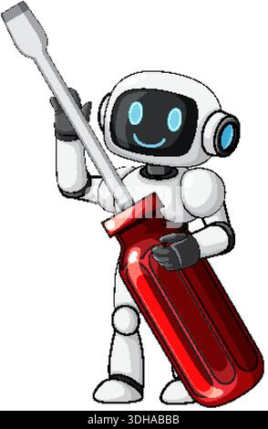 Cartoon robot with smiling face holding oversized screwdriver, white background, clean vector art style Stock Vector