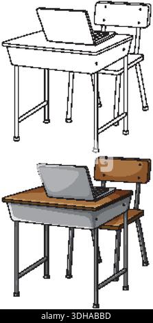 Vector illustration of classroom desk with laptop, colored and line art versions, clean white background Stock Vector