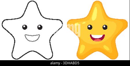 Two cartoon star characters with happy faces presented in colored and black outline versions Stock Vector