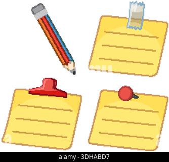 Yellow adhesive notes with tape, clip, and push pin alongside a colorful wooden pencil Stock Vector