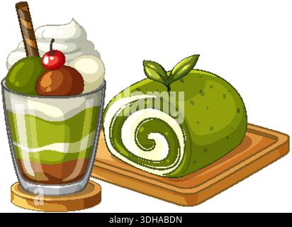 Vector illustration of a matcha swiss roll and layered parfait on a white background Stock Vector