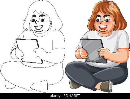 A woman sits cross-legged using a tablet in both line art and colored vector styles Stock Vector