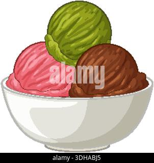 Assorted flavored ice cream scoops rest inside a simple white ceramic bowl vector graphic Stock Vector