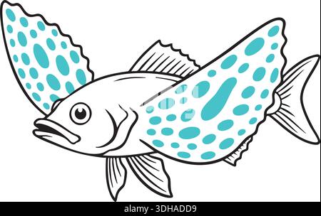 Stylized line illustration of a flying fish with wide spotted fins resembling wings Stock Vector