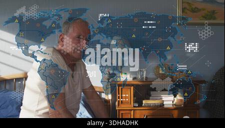 Sitting senior man in white T-shirt leaning forward on bed in bedroom, with HUD overlay Stock Photo