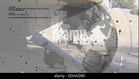 Displaying clear panel with dotted map, code at roadside, diagonal pole, man in light tee walking Stock Photo