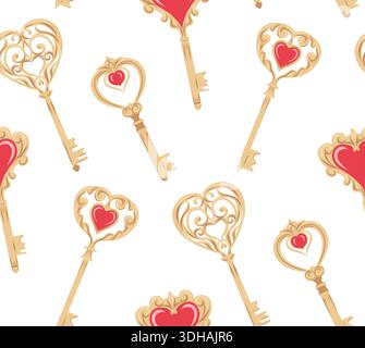 Vector seamless pattern with forged golden keys with hearts. Valentine Day texture with vintage metal keys on white background for wallpaper Stock Vector