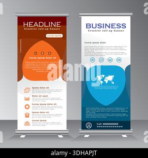 roll up banner template design for business, modern x-banner with blue and orange, vertical standees banner advertising. pull up banner for event Stock Vector