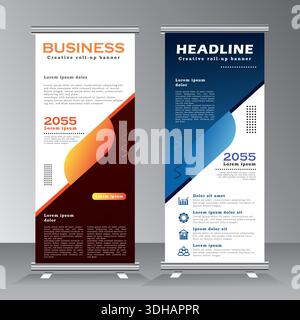 Roll up banner template design for  business, modern x-banner with orange and blue, Bussiness standees banner advertising. vector banner template Stock Vector