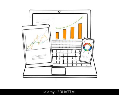 Tracking the dynamics of changes in economic and financial indicators on laptop, smartphone and tablet screens vector illustration. Front view. Stock Vector