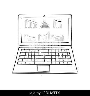 Bar charts on laptop display line art. Monochrome vector graph report with ascending or descending columns and dynamic arrows indicating growth Stock Vector