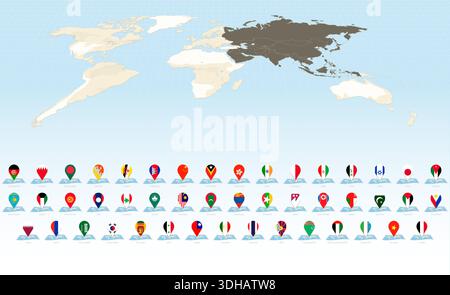 Maps of the World with Asian Country Pin Flags. Large Map & Flag Collection. Stock Vector