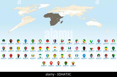 Maps of the World with African Country Pin Flags. Large Map & Flag Collection. Stock Vector