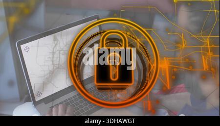 Displaying central padlock overlay dominating laptop at home office, hands typing on keyboard Stock Photo