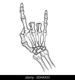 Skeleton hand in a heavy metal gesture, black and white sketch. Vector illustration. Drawing in a simple style isolated on a white background. Suitabl Stock Vector