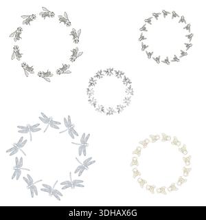 Bees and bumblebee, flies and dragonflies in a round frame, set of silhouettes. Vector illustration. Wreaths of flying insects, isolated on a black ba Stock Vector