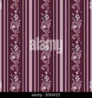 Dark Plum Romantic Folk Floral Stripe Stock Vector