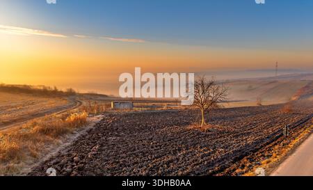 Aerial view of winter farmland at sunrise in Miroslava, Iasi County, Romania, with plowed fields, rolling hills and low morning fog glowing in golden Stock Photo