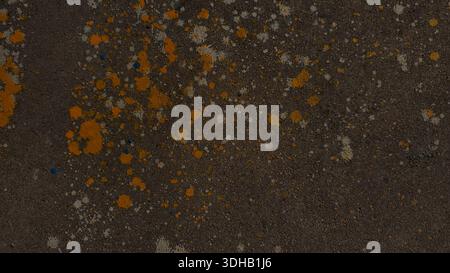 Grungy dark asphalt texture featuring vibrant yellow and white paint splatters. Weathered industrial urban background is ideal for edgy street-style d Stock Photo