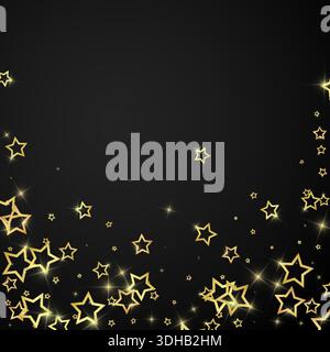 Gold sparkling star confetti. Chaotic dreamy childish overlay template. Festive stars vector illustration on black background. Stock Vector