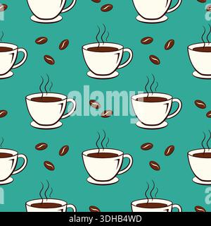 Coffee cups on blue background, pattern with coffee beans and white mugs. Vector illustration Stock Vector