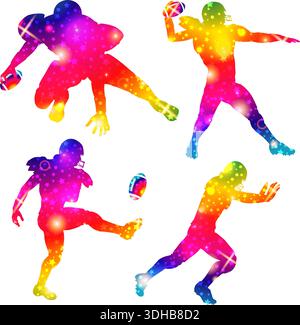 Bright Rainbow Silhouette American Football Players and Fans on grunge background. Vector Template for Cover, Flyer, Brochure, Greeting Card. Stock Vector