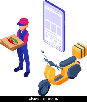 fast online food order and package delivery service. fast food shipping. isometric courier with pizza and scooter. delivery man with moped. tracking o Stock Vector