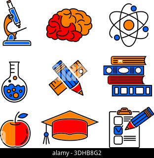Online Education Thin Lines Color Web Icon Set with Flat elements for Flyer, Poster, Web Site Like mortarboard, books, brain and Microscope Stock Vector