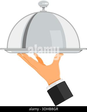 hand holds tray with cover. flat style icons. isolated vector illustration Stock Vector