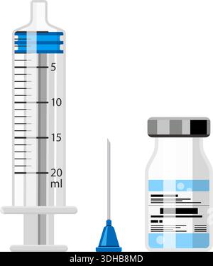 Icon plastic medical syringe. parts with needle, plunger, scale, vial in flat style. concept of vaccination, injection, diabetes. isolated vector illu Stock Vector