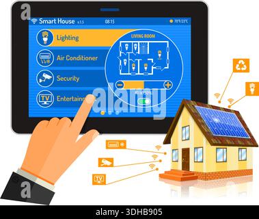 Smart House and internet of things concept Man holding tablet PC similar to ipad horizontal in hand and smart home controls. vector illustration Stock Vector