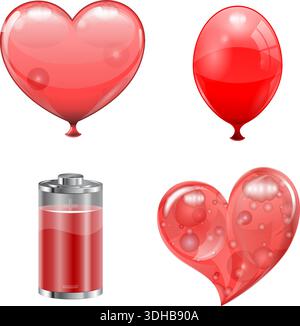 Set 3D realistic transparent objects on a plaid background, such as the heart, balloon, ball and battery. Vector illustration. Stock Vector