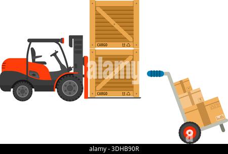 Storage and Delivery Detailed Flat Icons for e-commerce with Cart and Forklift. Vector isolated on white. Stock Vector