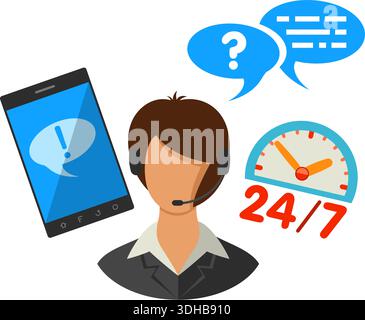 Support Detailed Flat Icon for e-commerce with phone, consultant and clock symbols. Vector isolated on white. Stock Vector