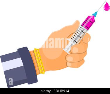 stop drugs concept, drug dealer hand offers the drug in the syringe, other hand shows a gesture of refusal, isolated vector illustration Stock Vector