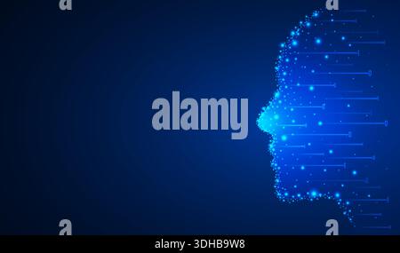 Silhouette of human face made of star cluster and flying binary code numbers. Artificial intelligence, neural network concept. Vector illustration Stock Vector