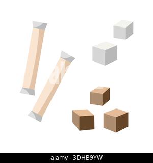 Sugar set. Sugar sticks, sachets. Cane Sugar cubes stack. Spice portion salt, pepper sticks. Refined sugar. Ice cubes. Cartoon vector illustration. Stock Vector