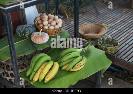 Fresh organic fruit and vegetable produce display on rustic shelves showcasing abundance of green banana bunch pumpkin egg basket and eggplant creatin Stock Photo