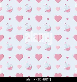 Seamless pattern of heart-shaped potion bottles, pink hearts, and pastel blue background. Perfect for Valentine s Day wrapping paper, stationery, and Stock Photo
