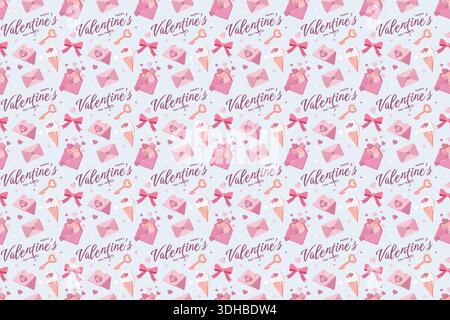 Seamless Valentine s Day pattern with pink envelopes, heart keys, bows, gifts, ice cream, and Happy Valentine s Day text on a light blue background Stock Photo