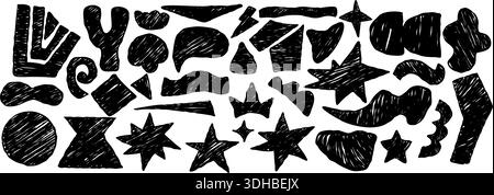 Curvature Crayon Freeform set. Abstract Black Hand Drawn Shapes, Curls, Geometric Forms, Ink Spot and doodle objects. Isolated textured drawings scraw Stock Vector