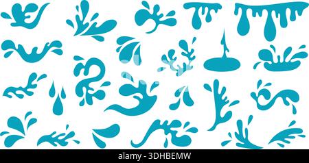 Water drops, stains and splashes set. Dynamic water flow. Falling drops, spills and splashes of liquid. Abstract blue shapes clip art collection Stock Vector
